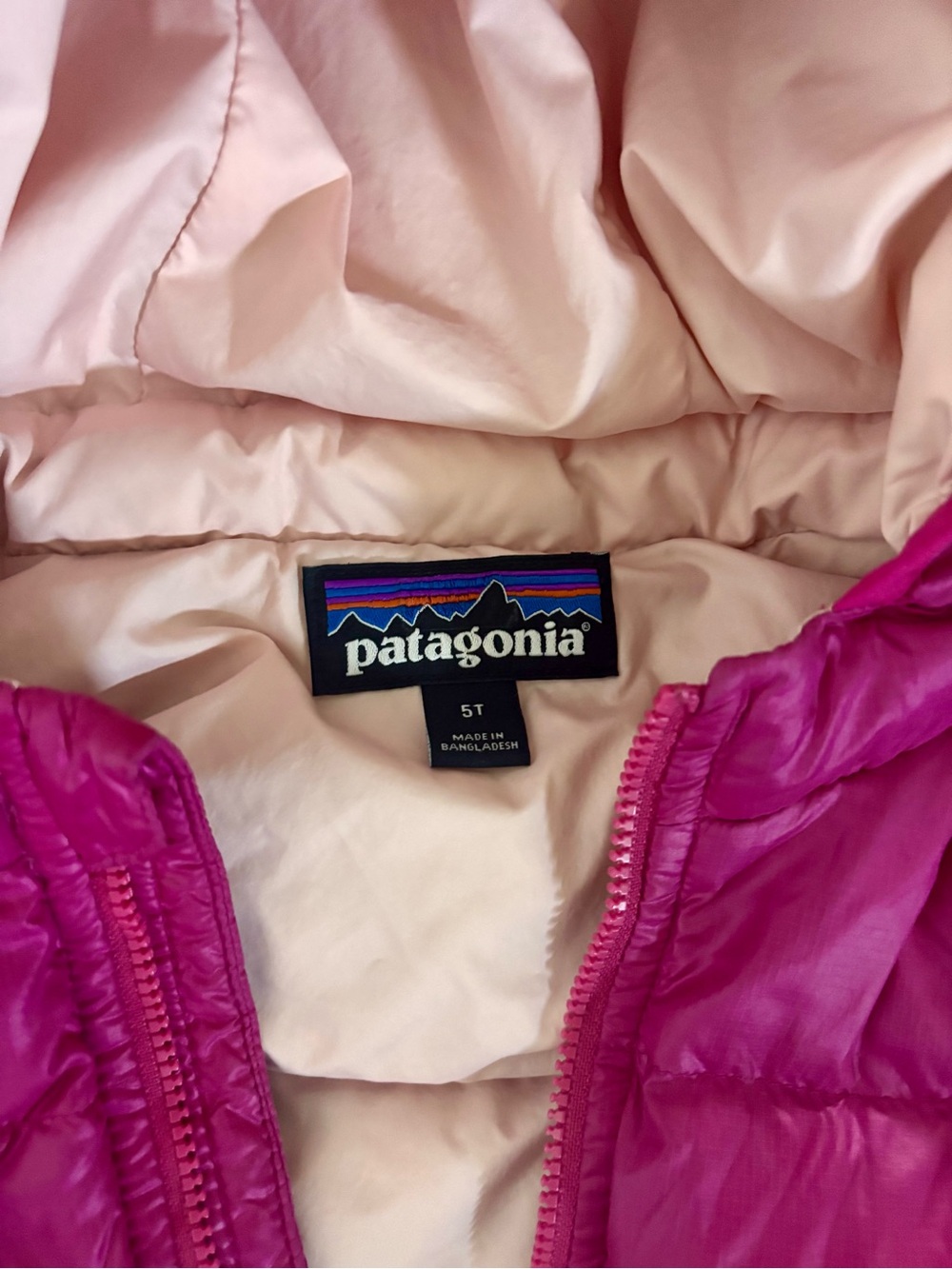 Patagonia Kids Bright Pink Hooded Puffer Jacket with Light Pink Lining - Picture 2 of 4